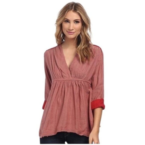 Free People Deep V-Neck Empire Waist Micro Striped Casual Baby Doll Top - Picture 8 of 11